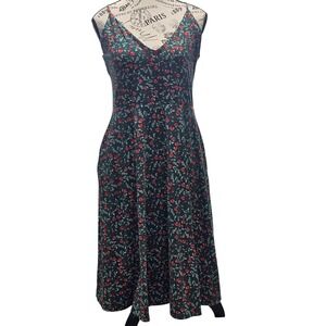 Socialite Womens Teal Red Floral Midi Dress V-Neck Strappy Crossover Back Size L